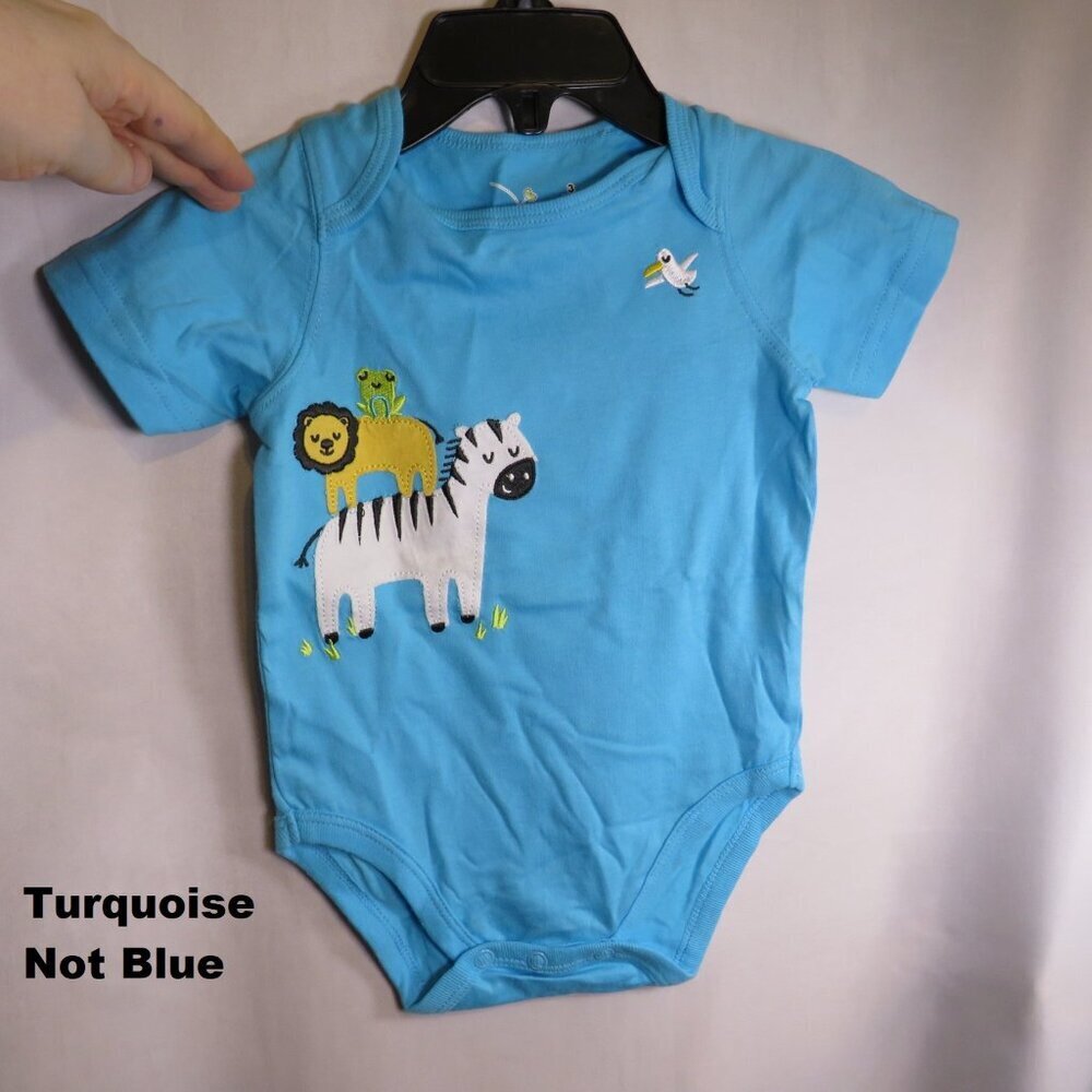 Baby Zoo Animals Embroidered Bodysuit 3mo 100% cotton Turquoise